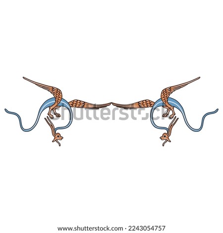 Symmetrical animal design or border with two fantastic winged dragons. Medieval illuminated manuscript style. Isolated vector illustration.