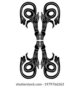 Symmetrical animal design with fantastic monster dragons. Medieval Celtic style. Black and white silhouette.