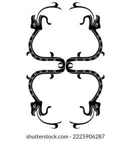 Symmetrical animal design with fantastic snakes or dragons with protruded forked tongues. Ancient Mexican design or Mixtec Indians. Pre Columbian Native American art. Black and white silhouette.