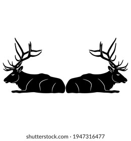 
Symmetrical animal design or frame with two lying antlered deer bucks or elks. Black and white silhouette.