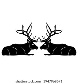 Symmetrical animal design or frame with two lying antlered deer bucks or elks. Black and white silhouette.