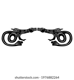 Symmetrical animal design or frame with two fantastic monster dragons. Medieval Celtic style. Black and white silhouette.