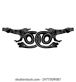 Symmetrical animal design or frame with two fantastic monster dragons. Medieval Celtic style. Black and white silhouette.