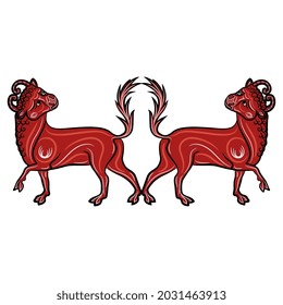 Symmetrical animal design or frame with two stylized red bulls or calves. Taurus Zodiac sign. Medieval illuminated manuscript animal art. Isolated vector illustration.