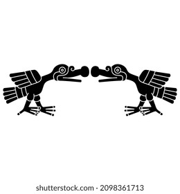 Symmetrical animal design or frame with two stylized cormorant birds. Native American animal motif of Aztec Indians from Mexican codex. Black and white silhouette. Isolated vector illustration. 
