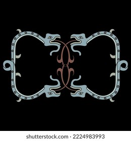 Symmetrisches Tierdesign oder -rahmen mit zwei fantastisch verflochtenen Schlangen oder Drachen. Altes mexikanisches Design oder Mixtec Inder. Pre Columbian Native American Art. Auf schwarzem Hintergrund.
