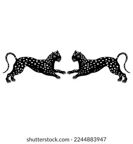 Diseño o marco simétrico animal con dos gatos salvajes estilizados o leopardos. Silueta blanca y negra.