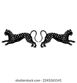 Symmetrical animal design or frame with two stylized spotted wild cats or leopards. Black and white silhouette.