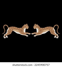 Symmetrical animal design or frame with two stylized spotted wild cats or leopards. On black background.