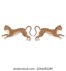 Symmetrical animal design or frame with two stylized spotted wild cats or leopards. Isolated vector illustration on white background.