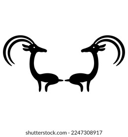 Symmetrical animal design or frame with two stylized horned ibex goats. Ancient Iranian pottery motif. Black silhouette on white background.