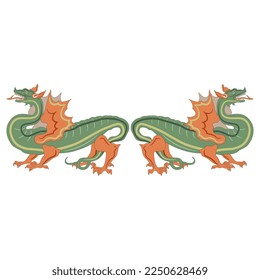 Symmetrical animal design or frame with two fantastic medieval dragons. Isolated vector illustration.