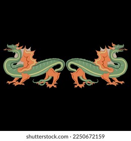 Symmetrical animal design or frame with two fantastic medieval dragons. On black background.