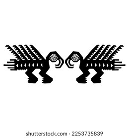 Symmetrical animal design or frame with two stylized birds. Ancient Peruvian ethnic motif. Black silhouette on white background.