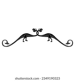 Symmetrical animal design or frame with two fantastic medieval dragons. Illuminated manuscript animal motif. Black and white silhouette.