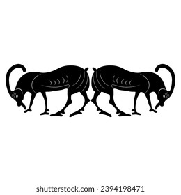 Symmetrical animal design or frame with two stylized goats or antelopes. Black and white silhouette. Ancient Greek vase painting style.