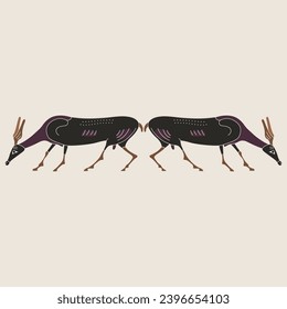 Symmetrical animal design or frame with two grazing antelopes or does. Ancient Greek vase painting style.