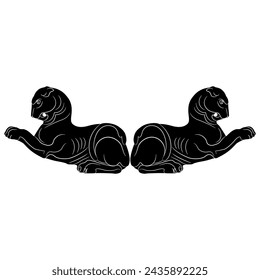 Symmetrical animal design or frame with two stylized lions. Ancient Greek or Persian motif. Black and white silhouette.