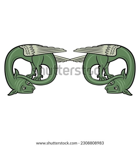 Symmetrical animal design or frame with two medieval dragons. Illuminated manuscript motif. Isolated vector illustration.