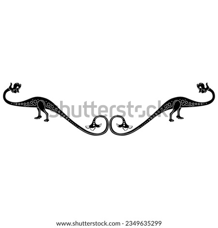 Symmetrical animal design or frame with two fantastic medieval dragons. Illuminated manuscript animal motif. Black and white silhouette.