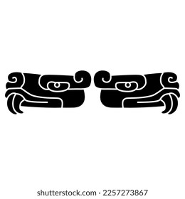 Symmetrical animal design ornament with two fanged serpent heads. Native American design of Aztec Indians from Mexican codex. Black and white silhouette.