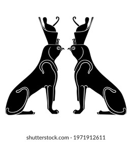 Symmetrical animal design with two Ancient Egyptians sphinxes. God Horus as a lion with falcon head in pharaoh's crown. Black and white silhouette.