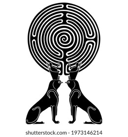 Symmetrical animal design. Two Ancient Egyptians sphinxes and round spiral maze or labyrinth symbol. God Horus as a lion with falcon head in pharaoh's crown. Black and white silhouette. 