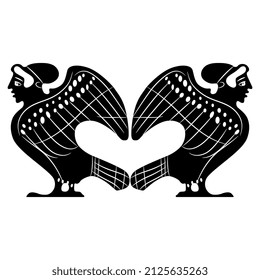 Symmetrical animal design with two ancient Greek siren or harpy birds with female heads. Fantastic mythological creature. Vase painting style. Black and white negative silhouette.