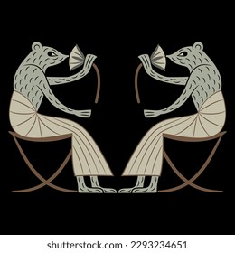 Symmetrical animal design with two anthropomorphic ladies mice or rats wearing skirts seated in chairs and smelling lotus flowers. Ancient Egyptian art. On black background.