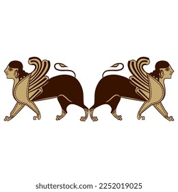 Symmetrical animal design with two antique sphinxes. Fantastic winged lion with female head. Ancient Greek mythology. Vase painting style.