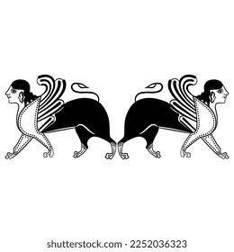 Symmetrical animal design with two antique sphinxes. Fantastic winged lion with female head. Ancient Greek mythology. Vase painting style. Black and white silhouette.