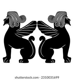 Symmetrical animal design with two bearded winged male sphynxes. Ethnic mythological motif from ancient Syria. Black and white silhouette.