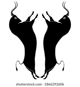 Symmetrical animal design with two bulls. Black and white silhouette. Ancient Greek Cretan Minoan art.