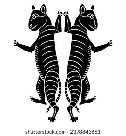 Symmetrical animal design with two dancing cats. Black and white silhouette.