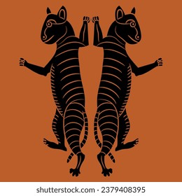 Symmetrical animal design with two dancing cats. Black and orange silhouette.