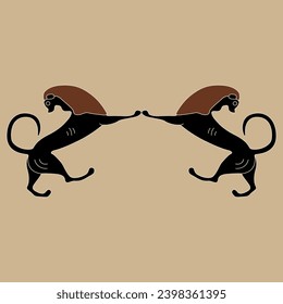 Symmetrical animal design with two dancing lions. Ancient Greek vase painting style.
