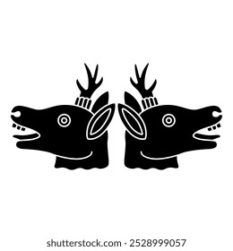 Symmetrical animal design with two deer heads from Mexican Aztec codex. Black and white silhouette.