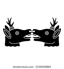Symmetrical animal design with two deer heads from Mexican Aztec codex. Black and white silhouette.