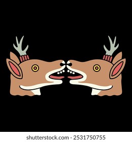 Symmetrical animal design with two deer heads from Mexican Aztec codex. On black background.
