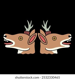 Symmetrical animal design with two deer heads from Mexican Aztec codex. On black background.