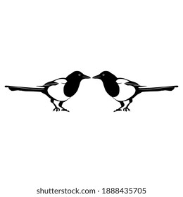 Symmetrical animal design with two Eurasian Magpie birds. (Pika pika). Black and white silhouette.