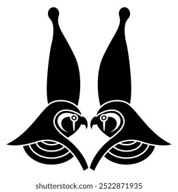 Symmetrical animal design with two falcon heads. Ancient Egyptian god Horus wearing royal pharaoh crown. Black and white silhouette.