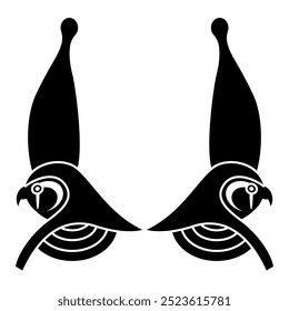 Symmetrical animal design with two falcon heads. Ancient Egyptian god Horus wearing royal pharaoh crown. Black and white silhouette.