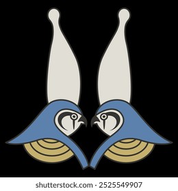 Symmetrical animal design with two falcon heads. Ancient Egyptian god Horus wearing royal pharaoh crown.