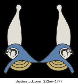 Symmetrical animal design with two falcon heads. Ancient Egyptian god Horus wearing royal pharaoh crown.