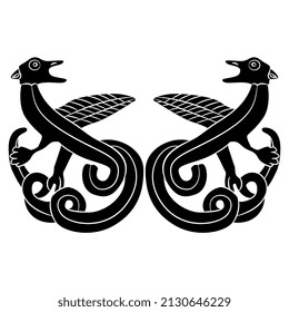 Symmetrical animal design with two fantastic winged dragons. Medieval Celtic animal style. Black and white negative silhouette.