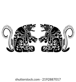 Symmetrical animal design with two fantastic dogs. Native American art of Maya Indians. Black and white silhouette.