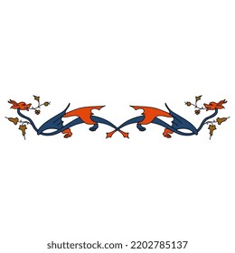 Symmetrical animal design with two fantastic winged dragons and floral motifs. Medieval illuminated manuscript style. Isolated vector illustration.