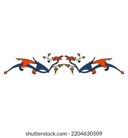 Symmetrical animal design with two fantastic winged dragons and floral motifs. Medieval illuminated manuscript style. Isolated vector illustration.