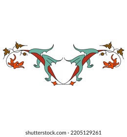 Symmetrical animal design with two fantastic winged dragons and floral motifs. Medieval illuminated manuscript style. Isolated vector illustration.